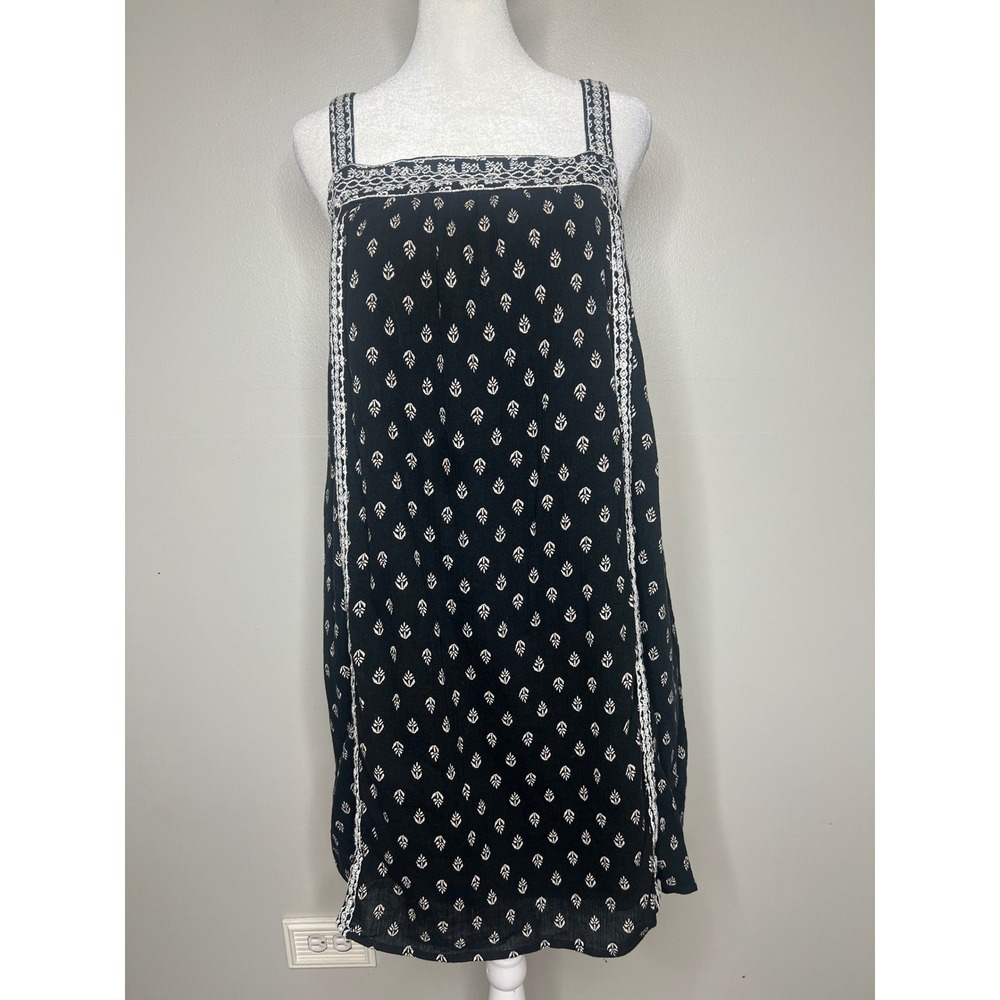 Old Navy Black White Boho Block Print Embroidered Smocked Back Mini Dress Medium